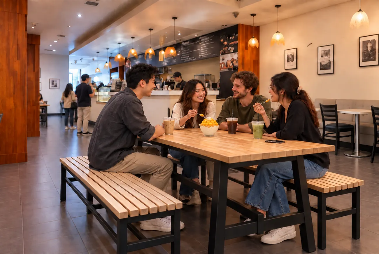 Four friends laughing at the long wooden table, sharing mango shaved ice and iced drinks
