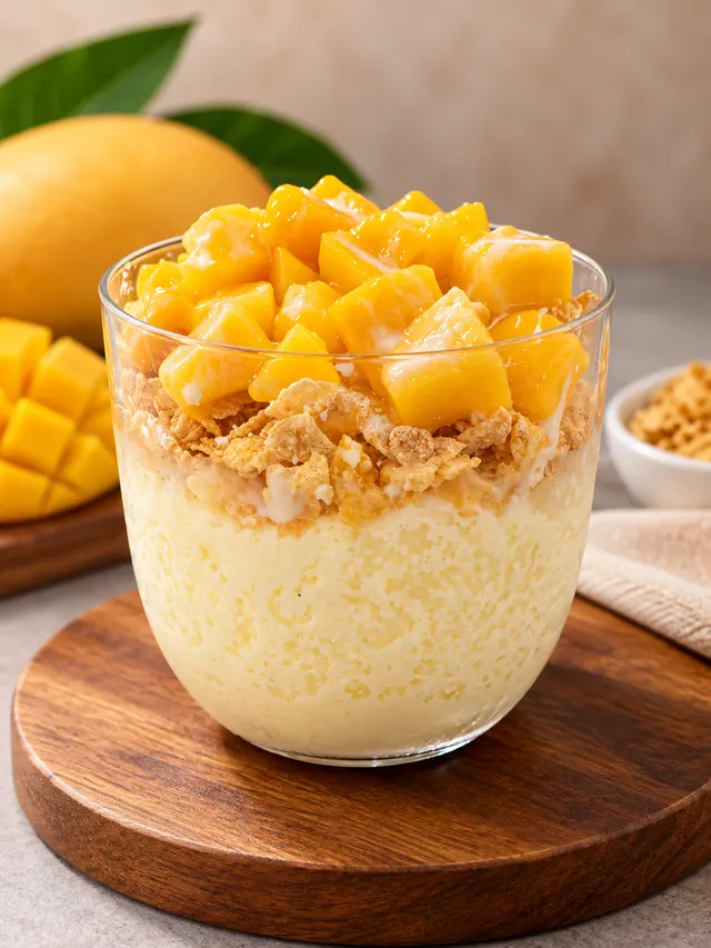Mango shaved ice in a glass, topped with cubed mango, cereal crunch and condensed milk